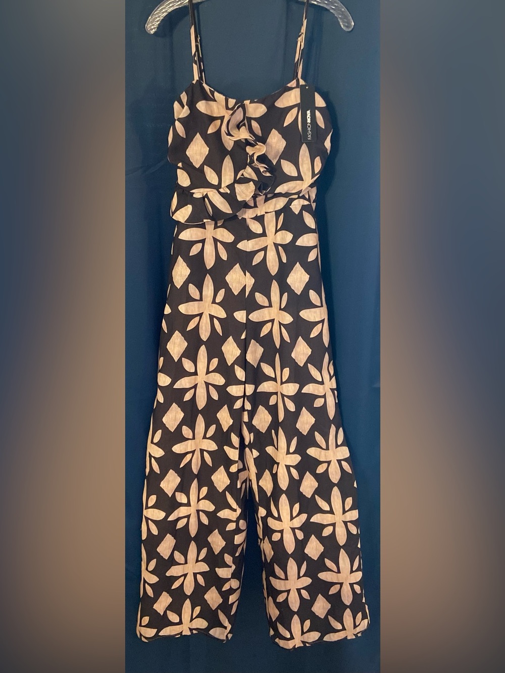 Fashion Nova Black and Cream Floral-Print Wide-Leg Jumpsuit